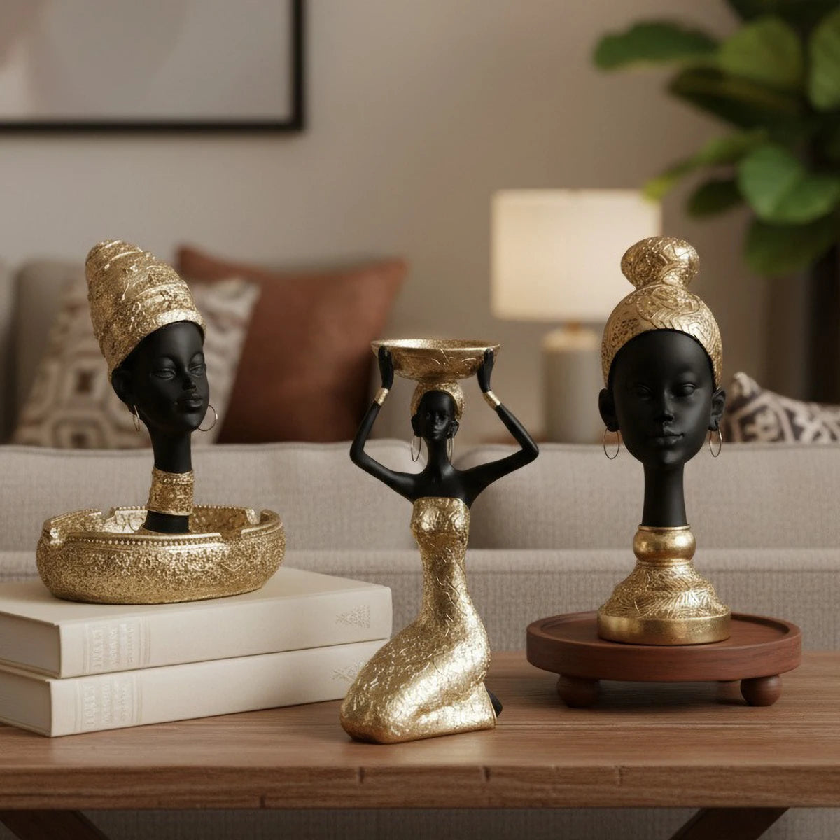 Resin African-Style Sculpture (Black & Gold) , Multi-Functional Decor/Candle Holder for Desk/Shelf, Luxury Home Accent
