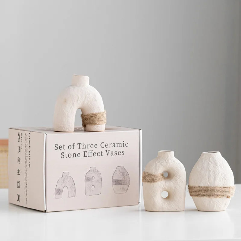 Ceramic Crafts Unglazed Earth Tone Glaze Lace Small Vase 3 Pieces Set Indoor Home Decoration Ornament