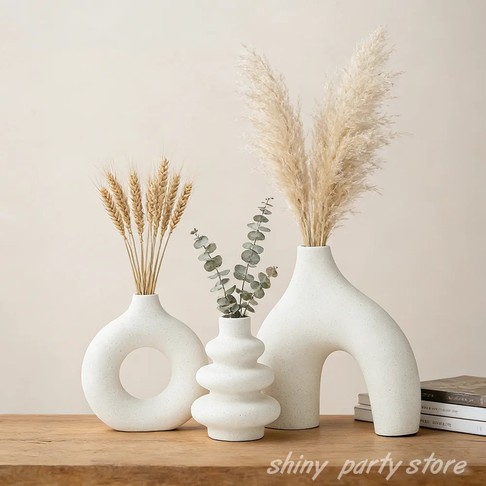 3pcs/set Geometric Vase Plain Fired Ceramic Crafts Home DecorationDesktop Ornaments White Black Flower Vase Window Sill Decor