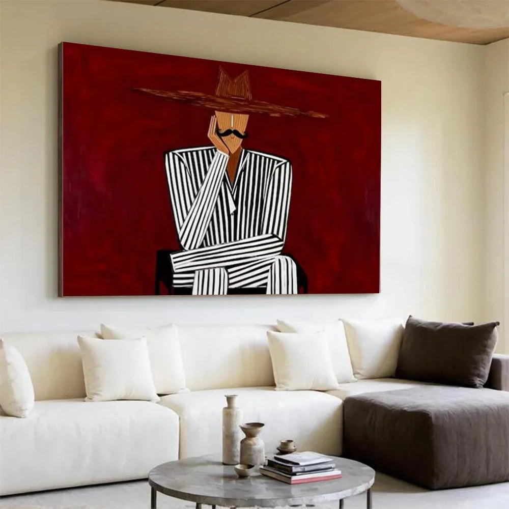 Large Abstract Expressionist Oil Painting Western Tribal Striped Figures Hand Drawn Artwork for Wall Decor
