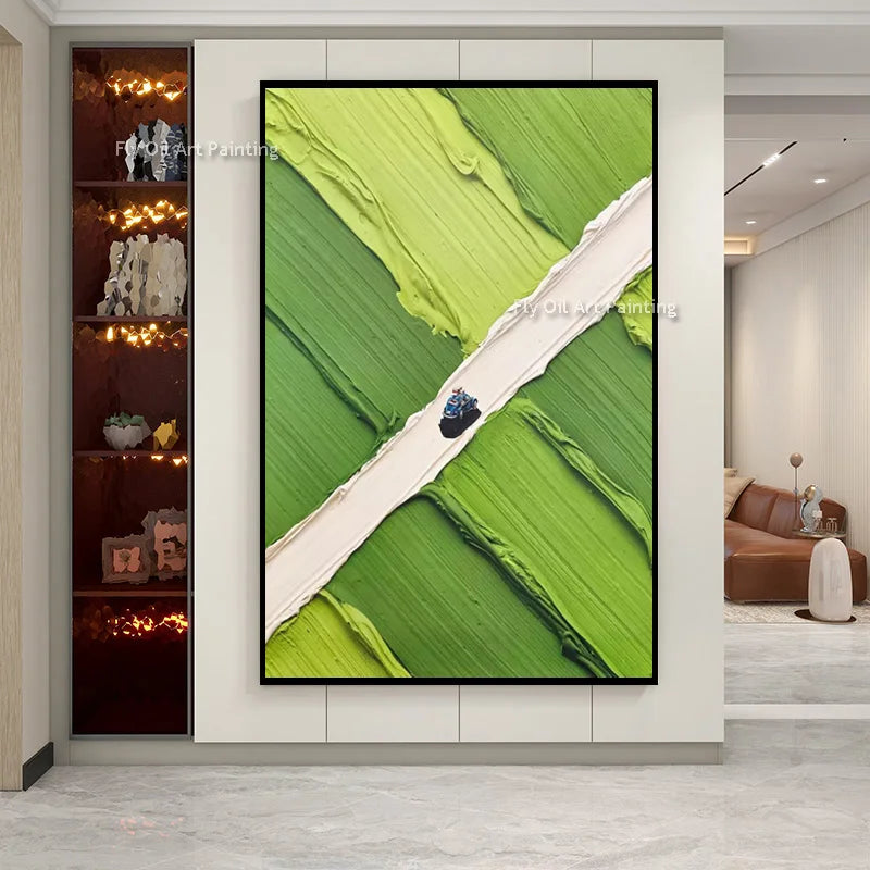 New Handmade Green White Countryside View Canvas Thick Oil Painting Abstract Light Blue White Peopl Surfing Wall Art Decor