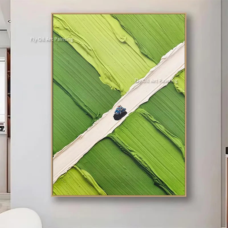 New Handmade Green White Countryside View Canvas Thick Oil Painting Abstract Light Blue White Peopl Surfing Wall Art Decor