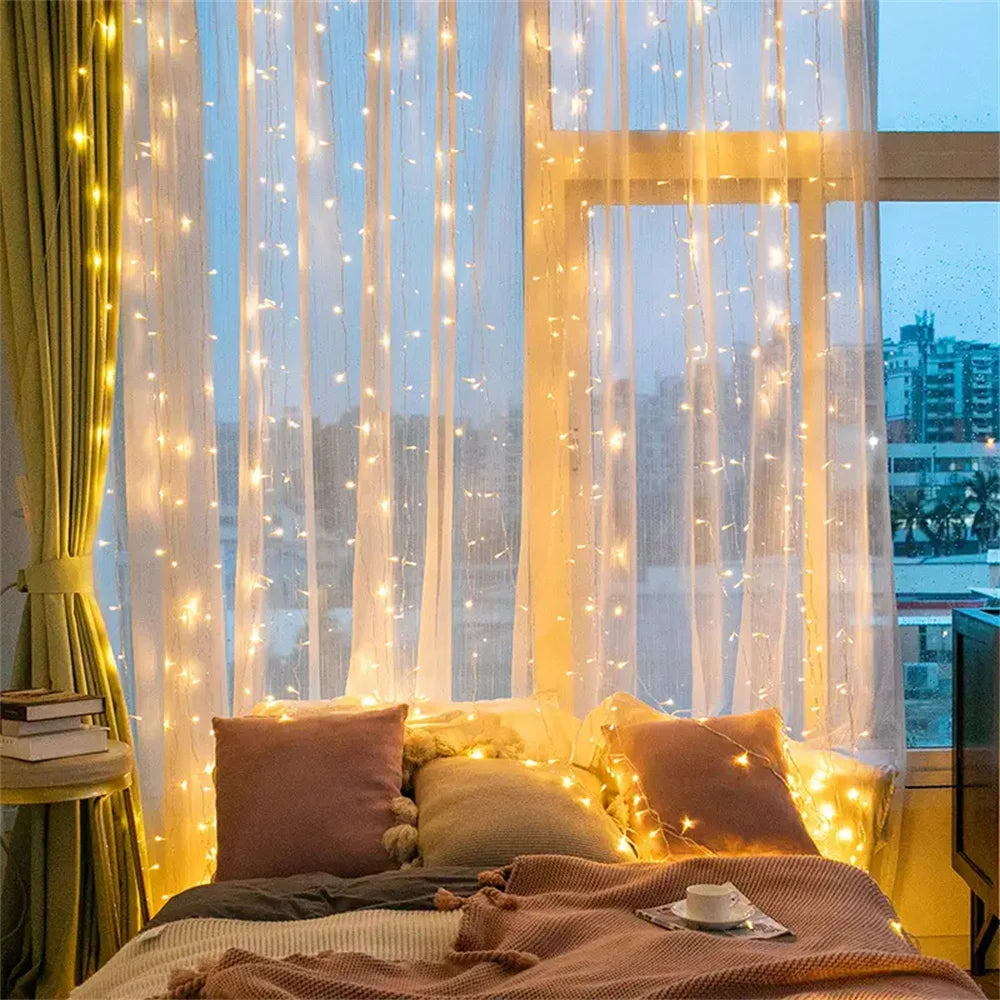 Curtain LED String Lights Garland Battery Festoon 8 Lighting Modes Fairy Garland Lights Christmas Decoration for Bedroom Home