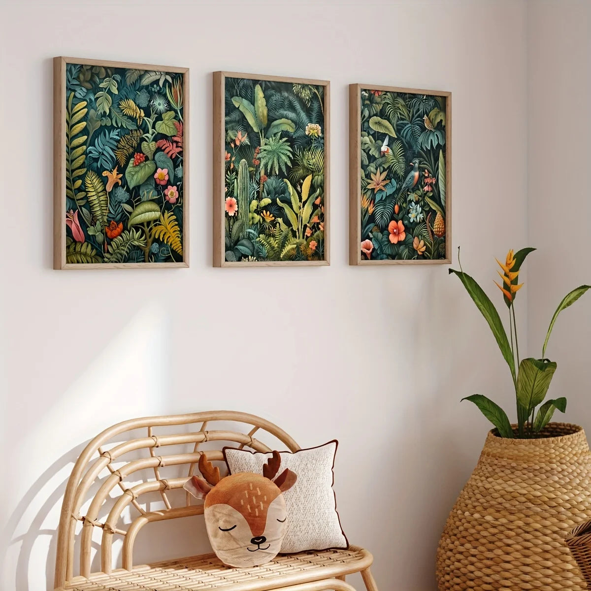 3pcs Set Vintage Jungleland Flower Henry Rousseau Inspired Wall Art Canvas Print,Plant Print Poster,Tropical Jungle Wall Art,Vintage Wall Art,Spring Decor,Living Room Gift,Home Decor,Flower and Leaves Woodland Wall Decor,No F