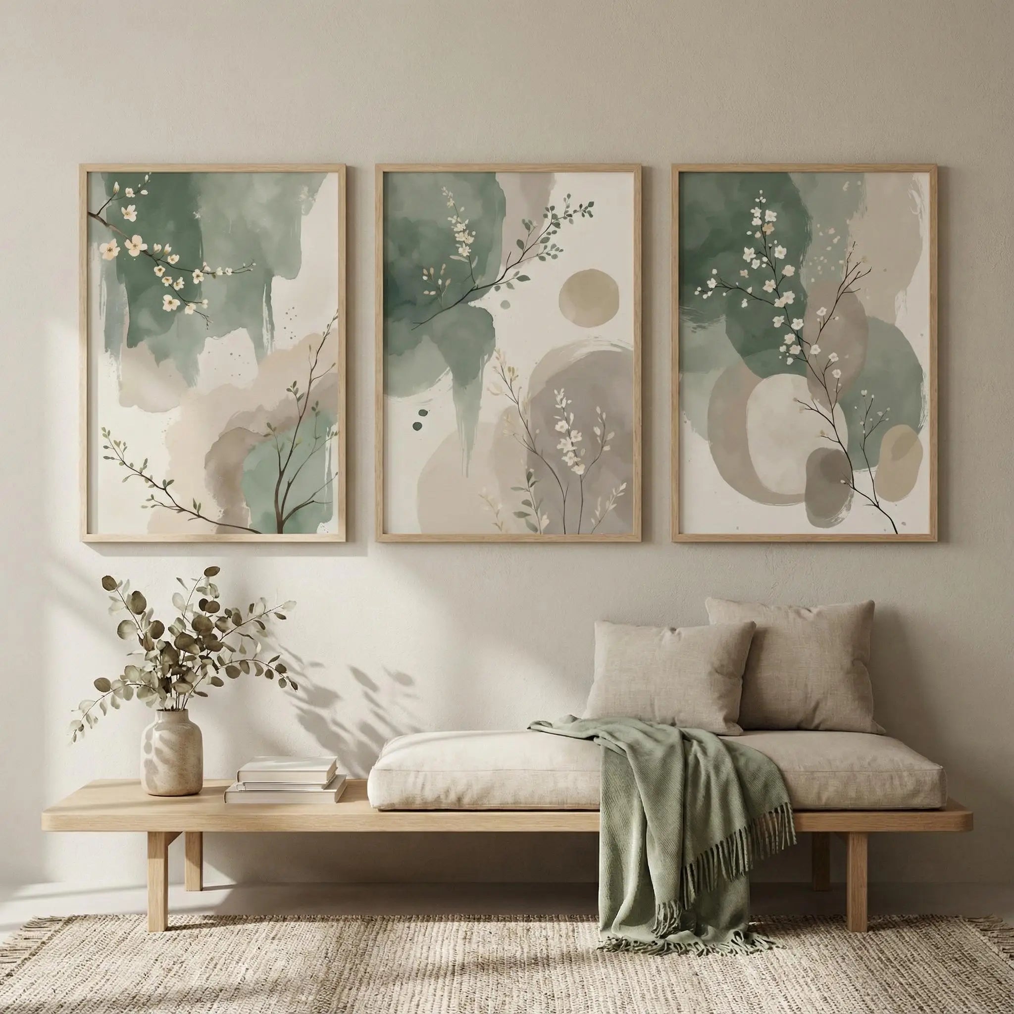 3PC Japandi Botanical Wall Art Poster Abstract Watercolor Leaves Sage Spring Green Beige Prints Modern Zen Decor Home Decor