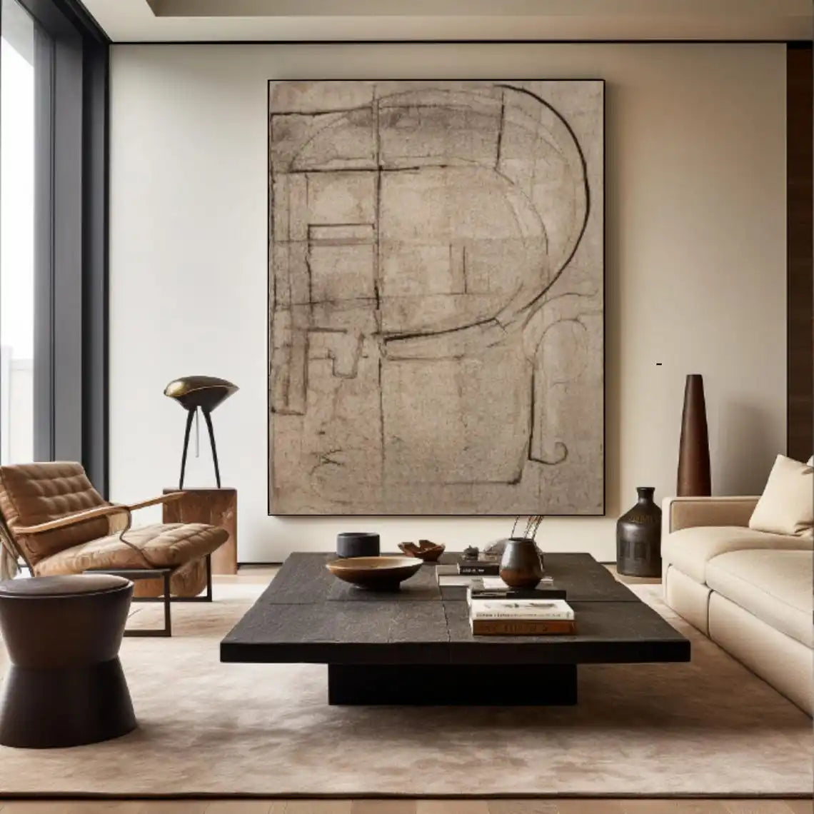 Large Creamy Beige Abstract Geometric Oil Painting Modern Wabi Sabi Wall Art Brown Black Minimalist Wall Art Textured Painting