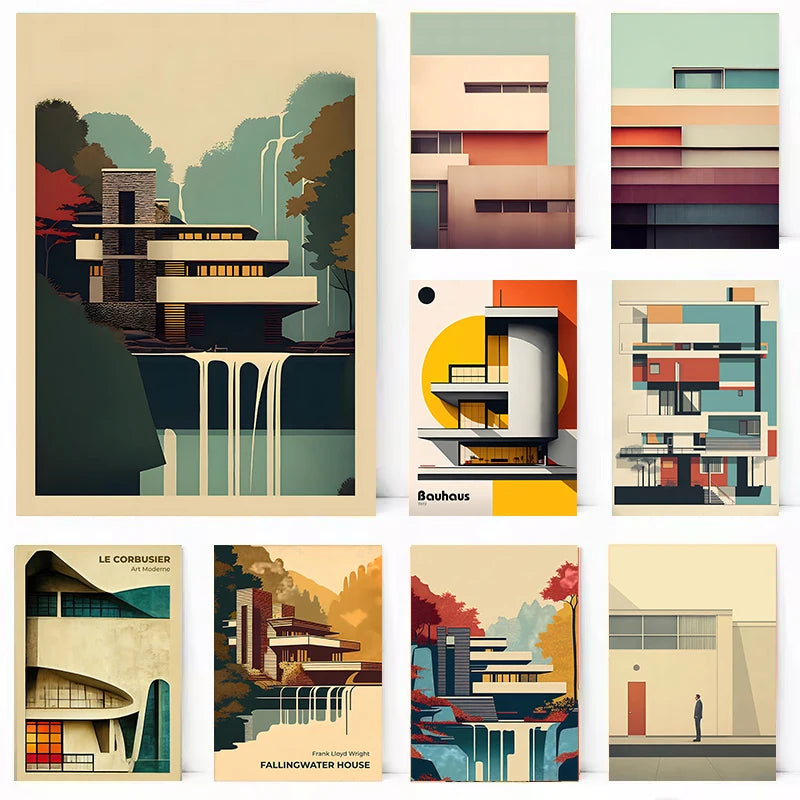 Minimalist Fallingwater House Bauhaus Classic Architecture Abstract Poster Canvas Painting Wall Art Pictures Living Home Decor