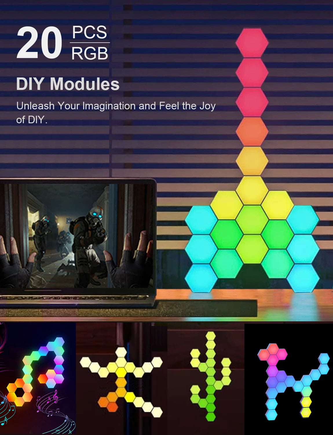 Fivemi RGB Smart Hexagonal Wall Lamp Color Changing Ambient Night Light Hexagonal DYI Music Rhythm APP Control Game Room Bedroom