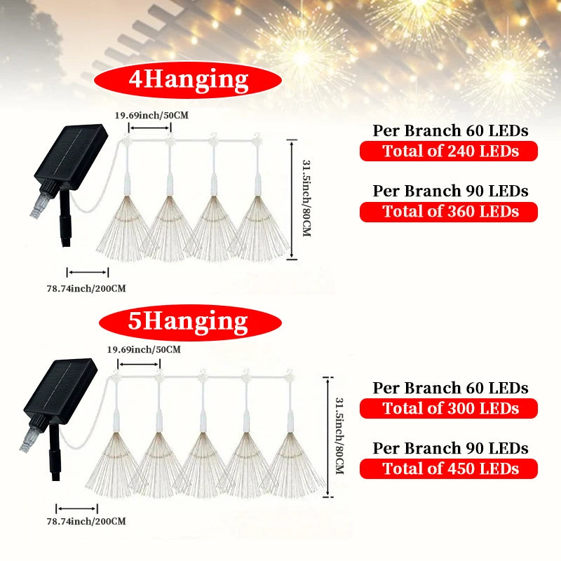 4/5pcs Solar Hanging Firework Lights for Eaves Solar Powered with Light Sensor Control Outdoor Garden Yard Decorative Lights