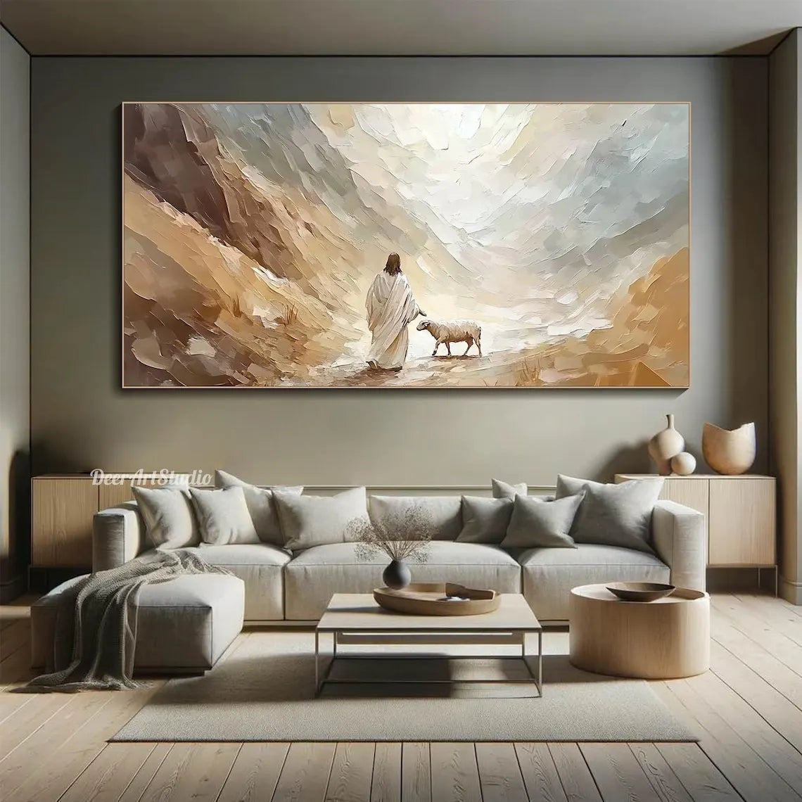 3D Textured Canvas Painting Wall Art Inspirational Pastel Jesus in Nature Oil Painting Christian Faith Wall Decor Wabi sabi Room