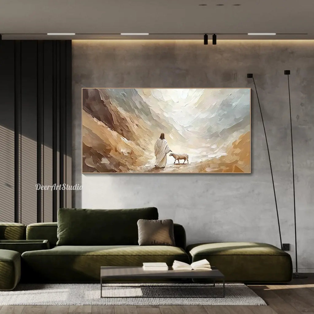 3D Textured Canvas Painting Wall Art Inspirational Pastel Jesus in Nature Oil Painting Christian Faith Wall Decor Wabi sabi Room