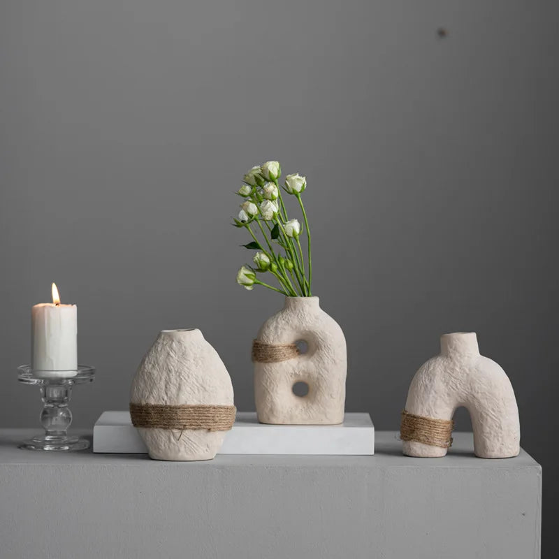 Ceramic Crafts Unglazed Earth Tone Glaze Lace Small Vase 3 Pieces Set Indoor Home Decoration Ornament