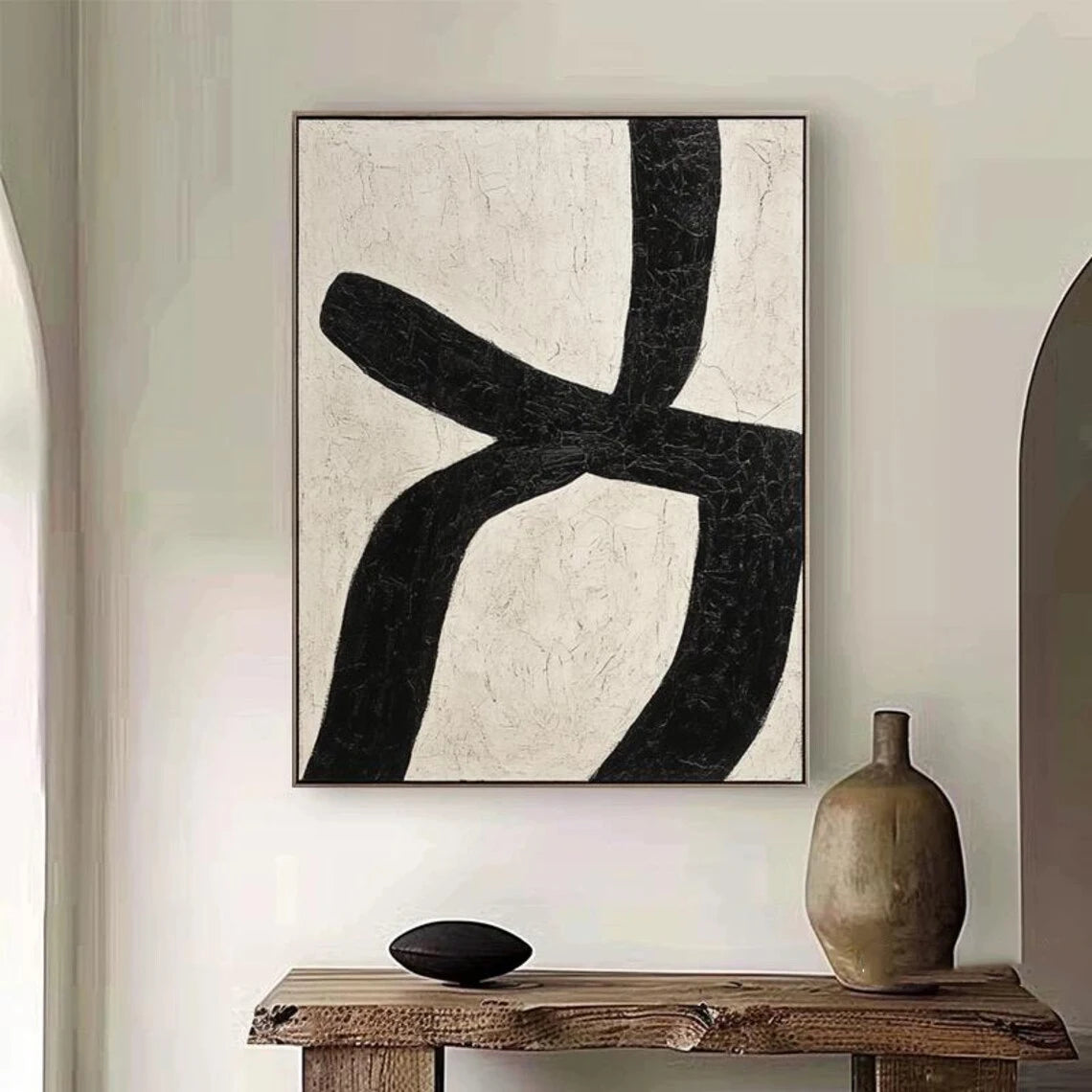 Beige Minimalist Handmade Painting Boho Canvas Wall Art Beige Abstract Painting Black Texture Painting Living Room Wall Decor