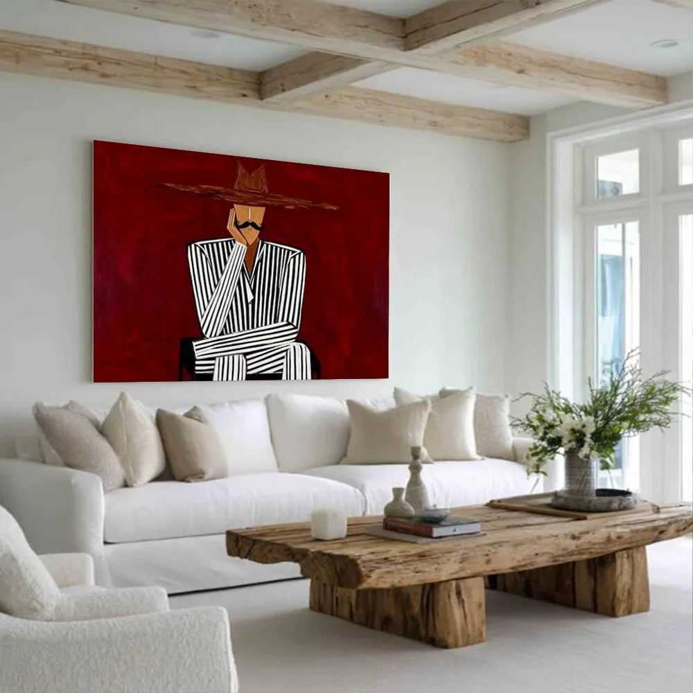 Large Abstract Expressionist Oil Painting Western Tribal Striped Figures Hand Drawn Artwork for Wall Decor