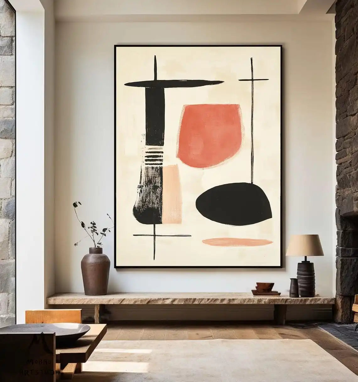 Beige Minimalist Handmade Painting Boho Canvas Wall Art Beige Abstract Painting Black Texture Painting Living Room Wall Decor