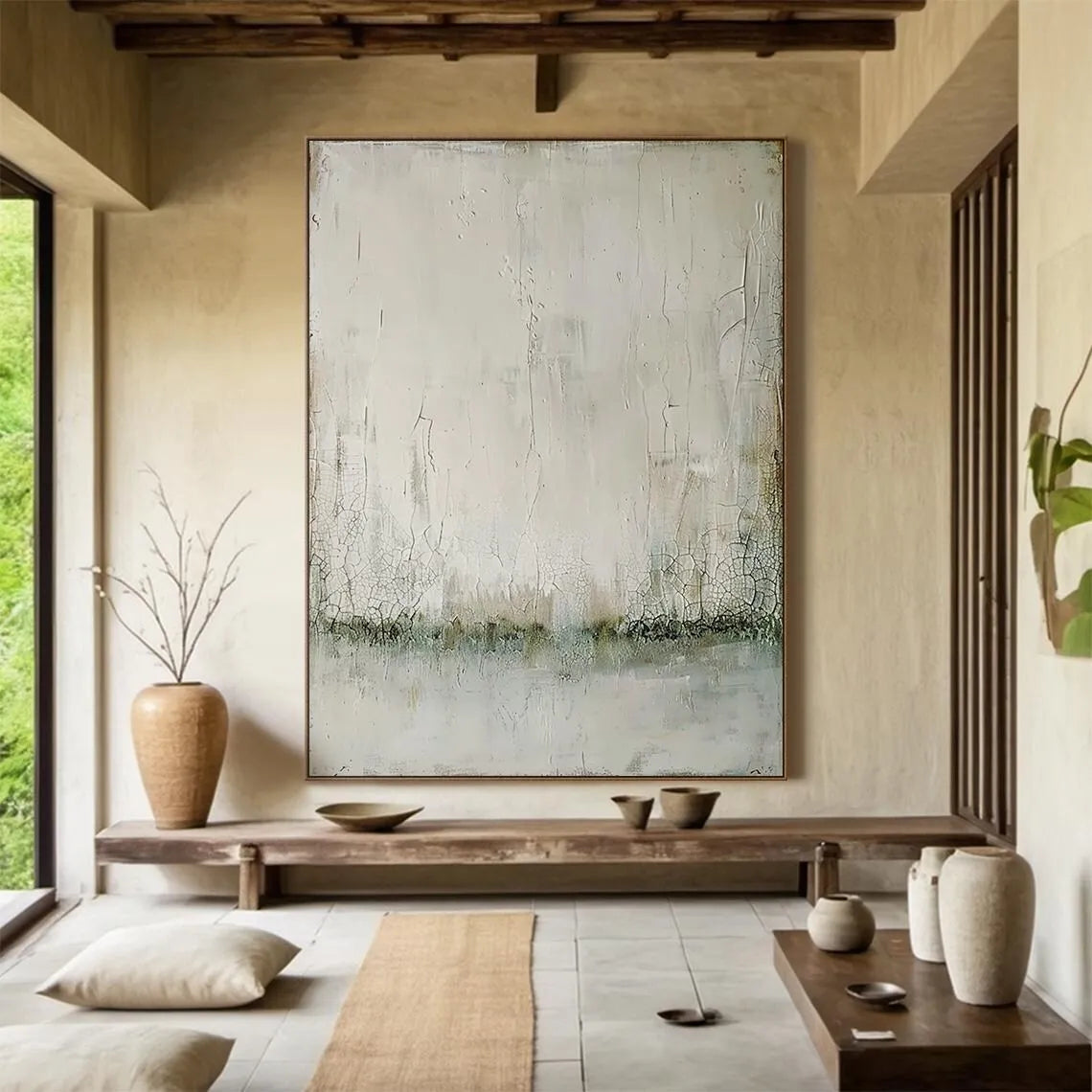 Beige Minimalist Handmade Painting Boho Canvas Wall Art Beige Abstract Painting Black Texture Painting Living Room Wall Decor