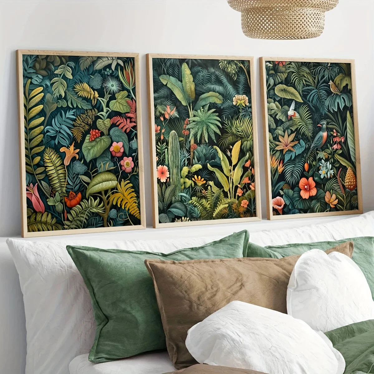 3pcs Set Vintage Jungleland Flower Henry Rousseau Inspired Wall Art Canvas Print,Plant Print Poster,Tropical Jungle Wall Art,Vintage Wall Art,Spring Decor,Living Room Gift,Home Decor,Flower and Leaves Woodland Wall Decor,No F