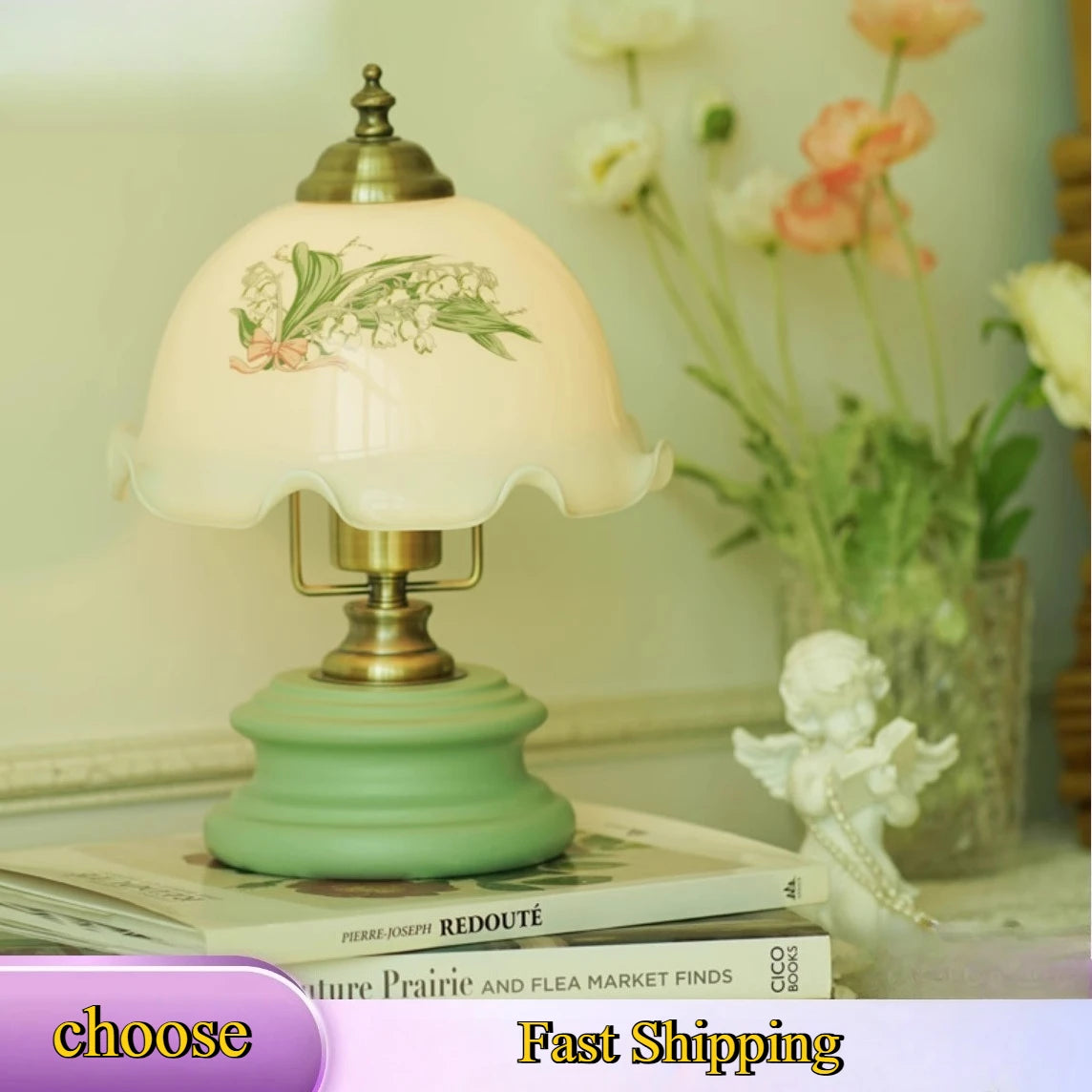 French Glass Flower Table Lamp Romantic Atmosphere Wood Desk Lamp Bedroom Bedside Decoration Children's Room Lighting Appliances