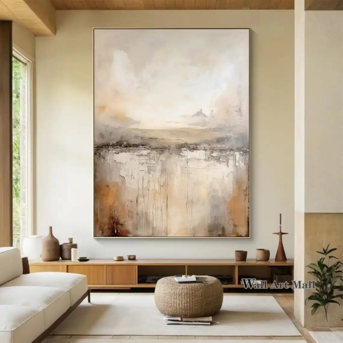 Beige Minimalist Handmade Painting Boho Canvas Wall Art Beige Abstract Painting Black Texture Painting Living Room Wall Decor