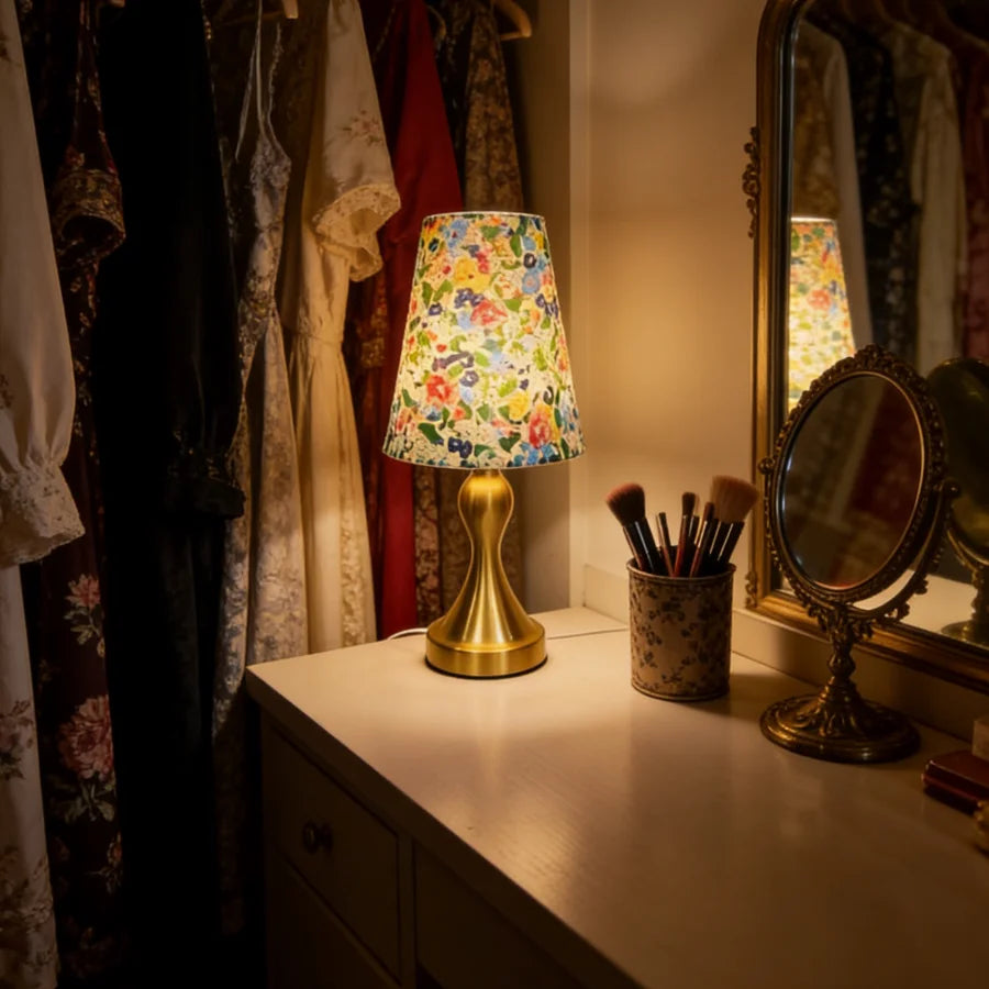 Table Lamp with Golden Base and Floral Fabric Lampshade, USB-Powered with Three-Tone Dimming, Suitable for Multiple Room Types