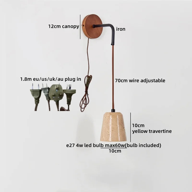 IWHD Pull Chain Switch LED Wall Lights Indoor Bedroom Balcony Wood Yellow Stone Shade Wire Adjustable Bedside Lamp Lampara Pared