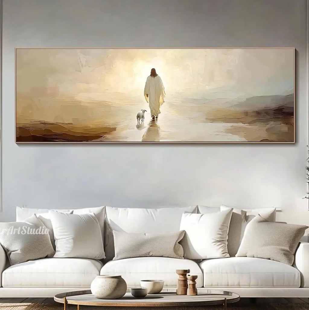 3D Textured Canvas Painting Wall Art Inspirational Pastel Jesus in Nature Oil Painting Christian Faith Wall Decor Wabi sabi Room