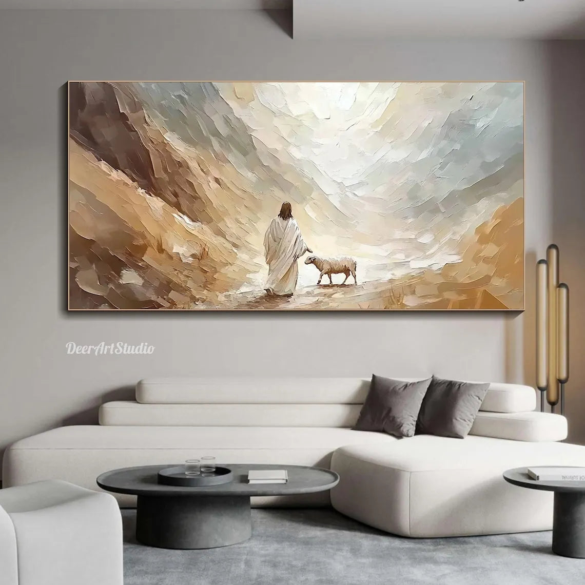 3D Textured Canvas Painting Wall Art Inspirational Pastel Jesus in Nature Oil Painting Christian Faith Wall Decor Wabi sabi Room