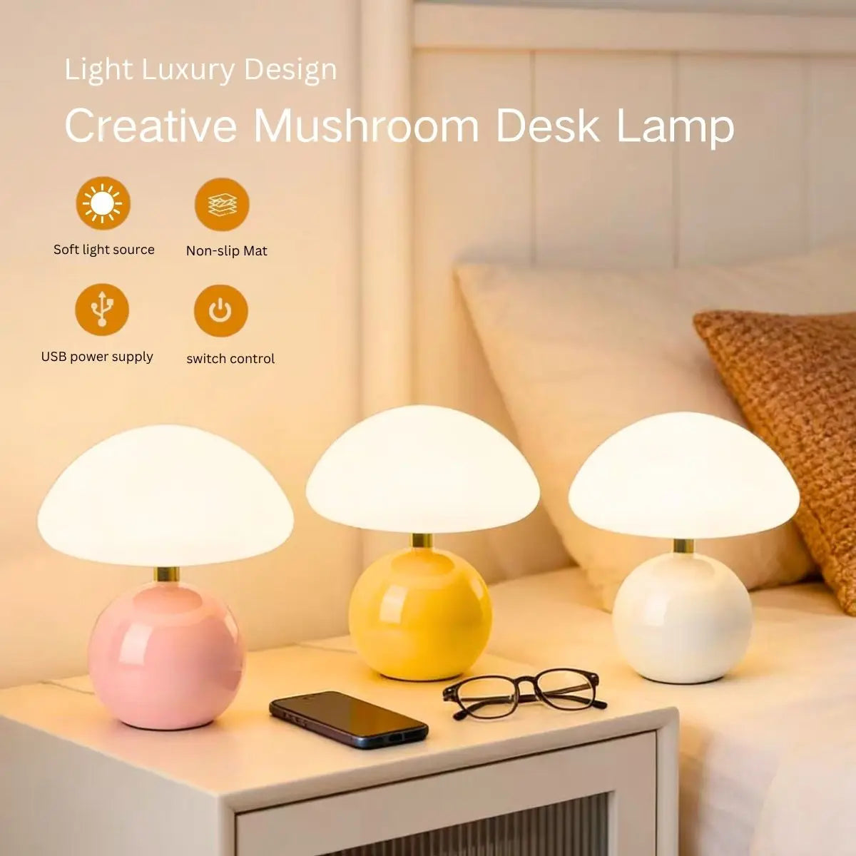 French cream mushroom table lampUSB tri colordimmable bedsidebedroom high-endwarm atmosphere sleepnight lampLED small table lamp