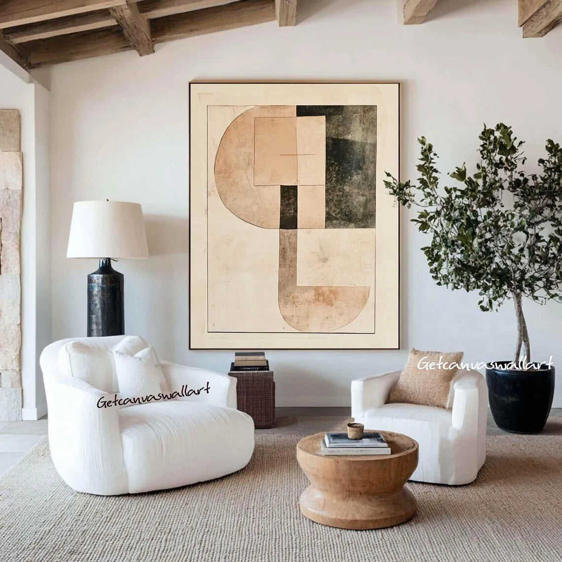 Large Creamy Beige Abstract Geometric Oil Painting Modern Wabi Sabi Wall Art Brown Black Minimalist Wall Art Textured Painting