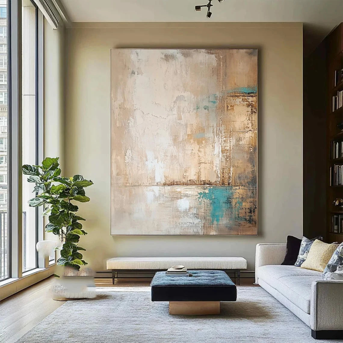 Beige Minimalist Handmade Painting Boho Canvas Wall Art Beige Abstract Painting Black Texture Painting Living Room Wall Decor