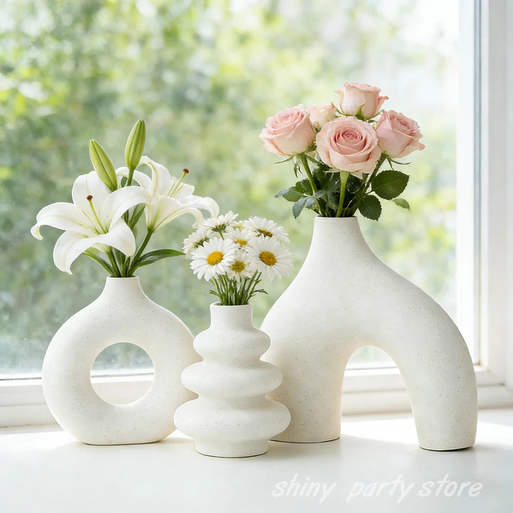 3pcs/set Geometric Vase Plain Fired Ceramic Crafts Home DecorationDesktop Ornaments White Black Flower Vase Window Sill Decor