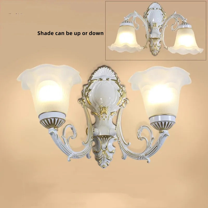 European Wall Lamp LED Sconce Light E27 Retro Metal White Glass Shade For Living Room Home Corridor Indoor Decorative Lighting