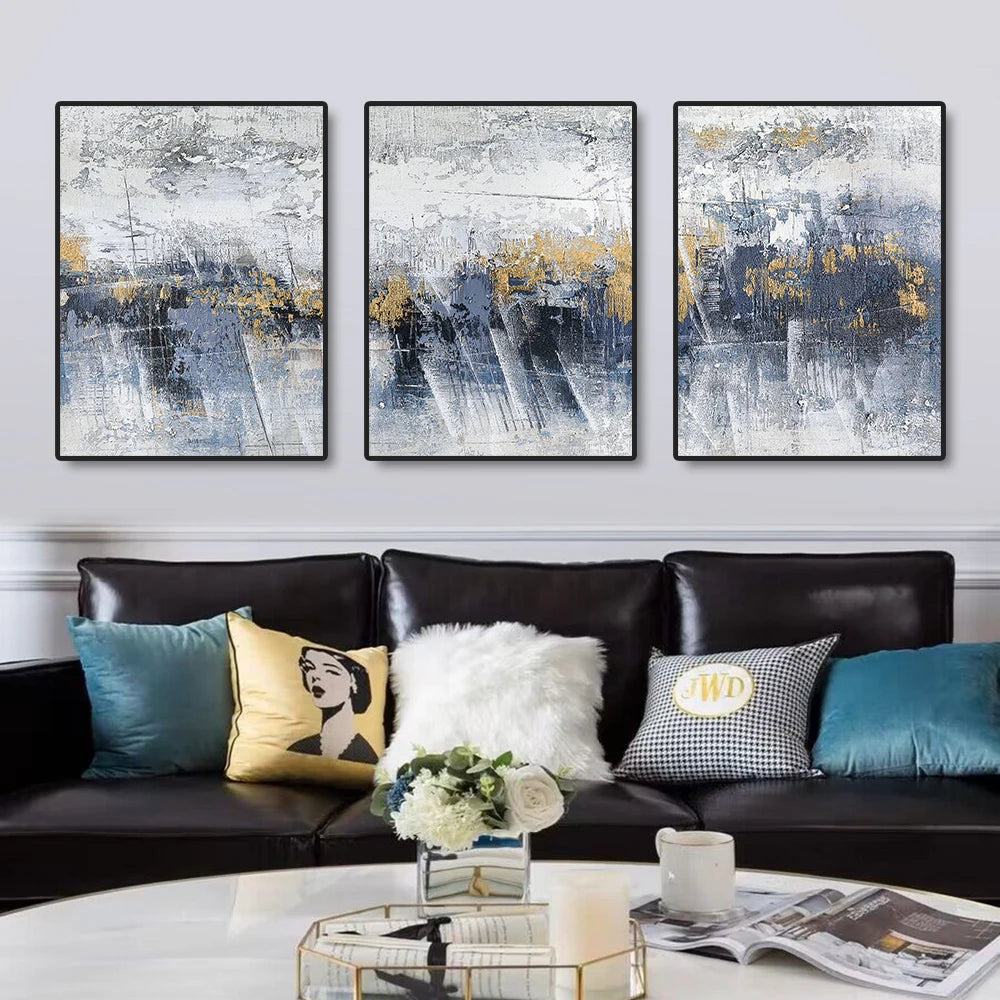 3PCS Frameless Modern Painting Blue Grey White Gold Wall Art HD Print Abstract Oil Painting on Canvas Pictures for Living Room