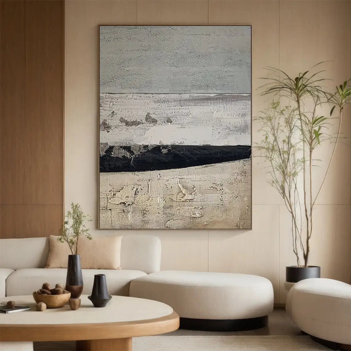 Large Creamy Beige Abstract Geometric Oil Painting Modern Wabi Sabi Wall Art Brown Black Minimalist Wall Art Textured Painting