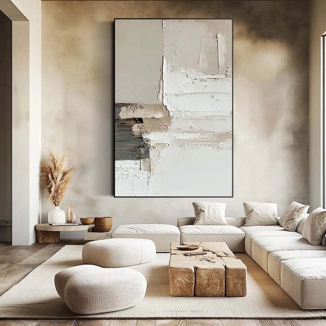 Neutral Textured Abstract Handmade Oil Painting Minimalist Modern Wall Art Beige White Canvas Art for Living Room Bedroom Decor
