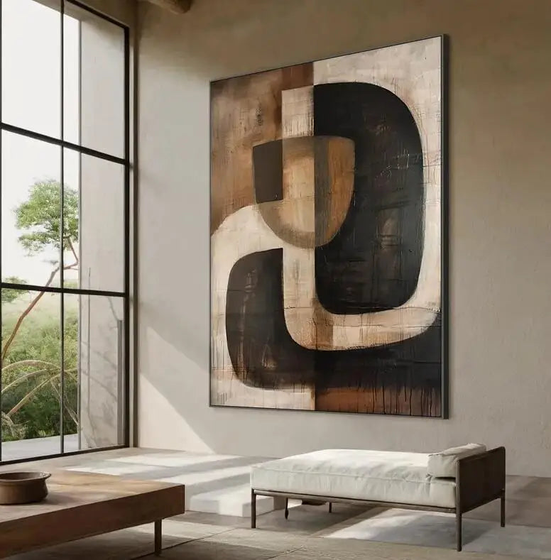 Large Abstract Expressionist Oil Painting Western Tribal Striped Figures Hand Drawn Artwork for Wall Decor