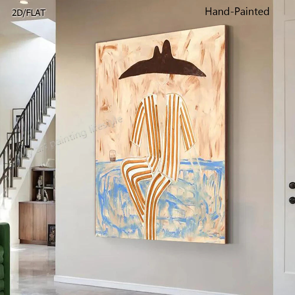 Large Abstract Expressionist Oil Painting Western Tribal Striped Figures Hand Drawn Artwork for Wall Decor