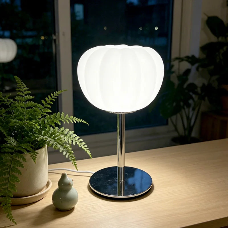 Pumpkin-Shaped Frosted Glass Table Lamp, Chrome Base LED Bedside Lamp for Bedroom, Living Room