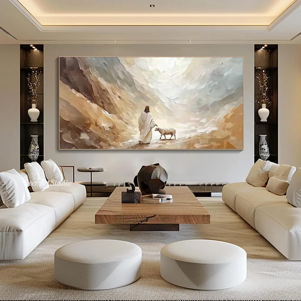 3D Textured Canvas Painting Wall Art Inspirational Pastel Jesus in Nature Oil Painting Christian Faith Wall Decor Wabi sabi Room