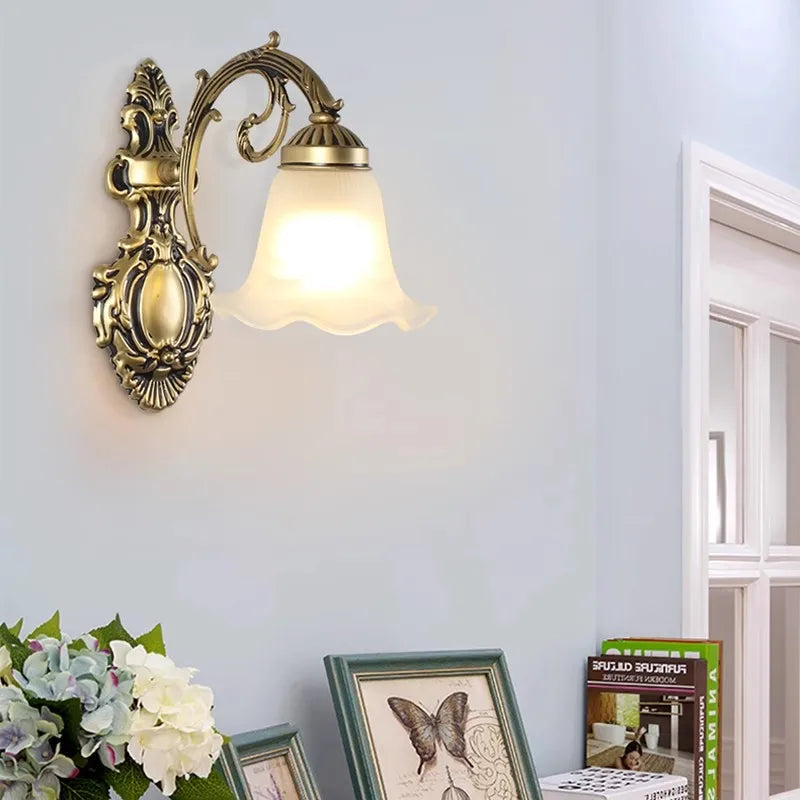European Wall Lamp LED Sconce Light E27 Retro Metal White Glass Shade For Living Room Home Corridor Indoor Decorative Lighting