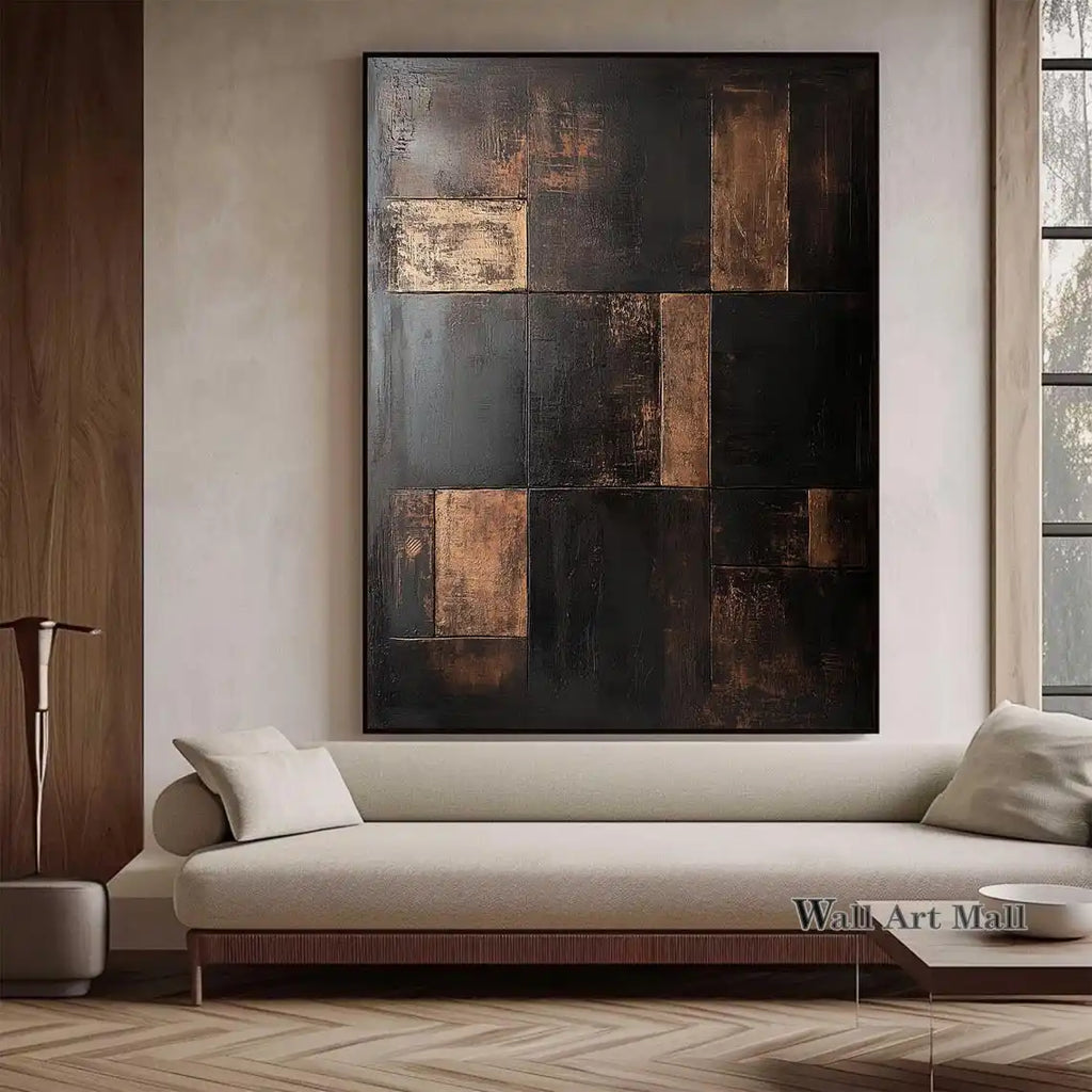 Large Abstract Black and Brown Minimalist Canvas Painting Wabi-sabi Handmade Painting Geometric Painting Gold Texture Wall Art
