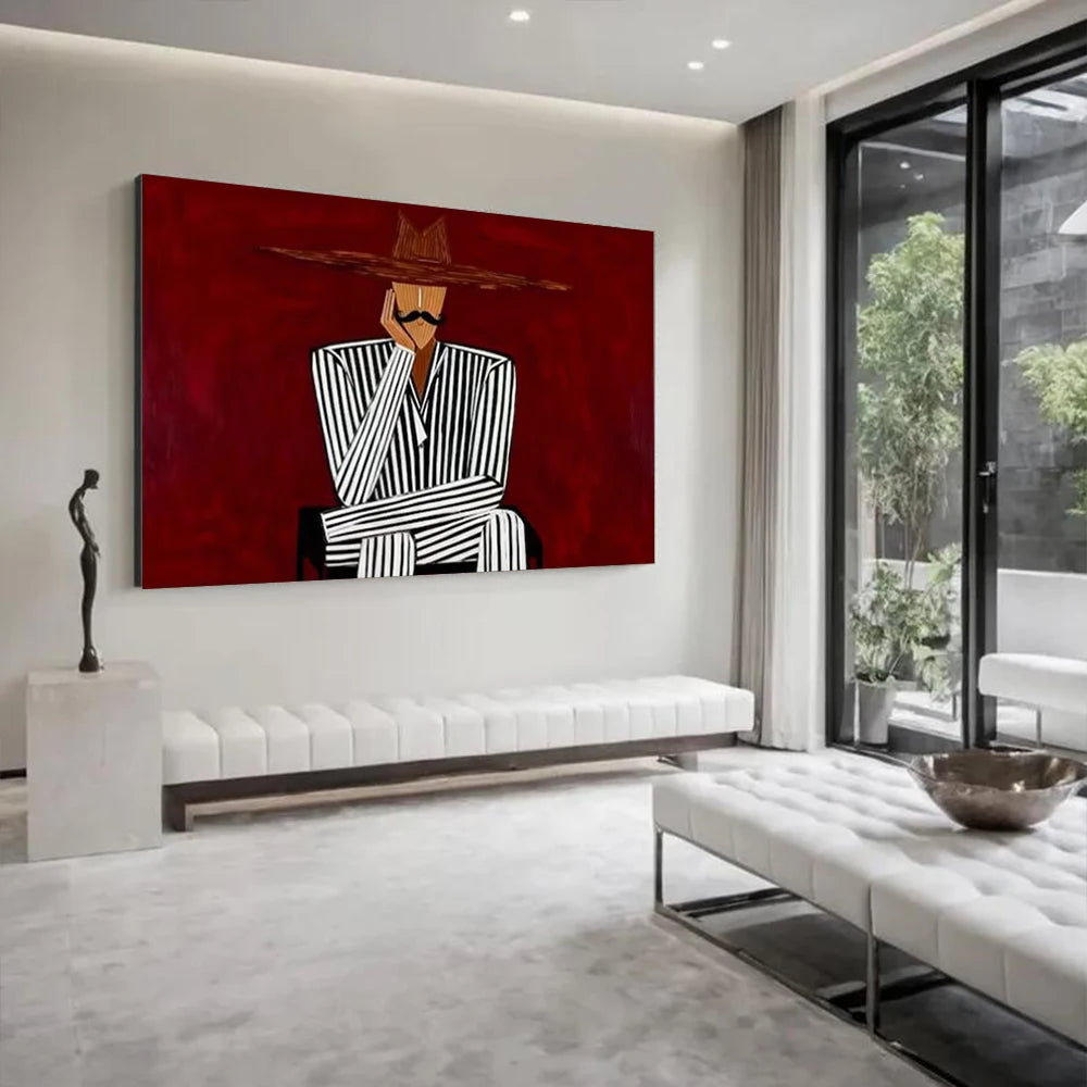 Large Abstract Expressionist Oil Painting Western Tribal Striped Figures Hand Drawn Artwork for Wall Decor