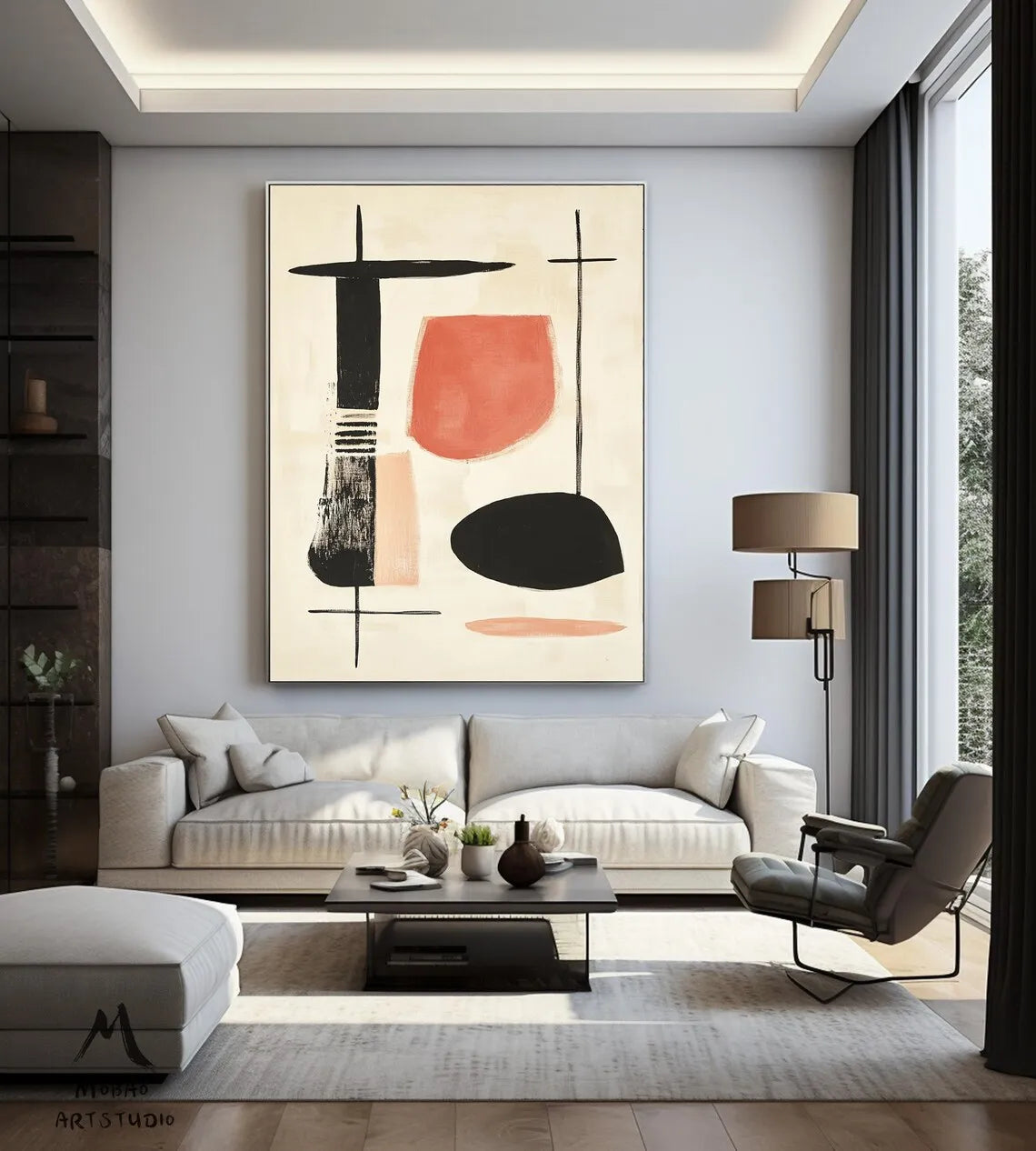 Beige Minimalist Handmade Painting Boho Canvas Wall Art Beige Abstract Painting Black Texture Painting Living Room Wall Decor