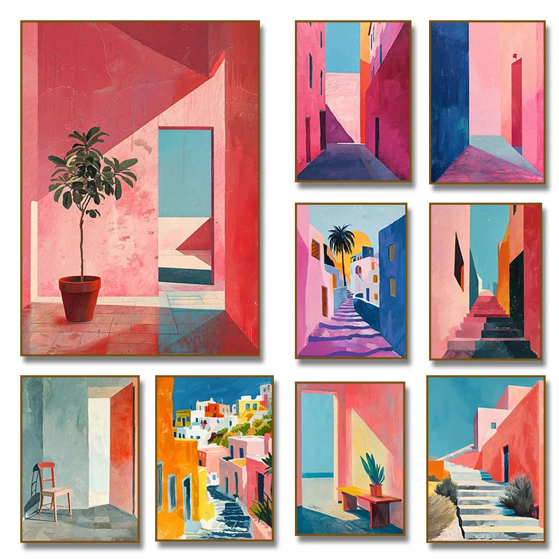 Pink Abstract Aesthetic Contemporary Greece Architecture Canvas Painting Mid Century Poster Print Wall Art Room Home Decor