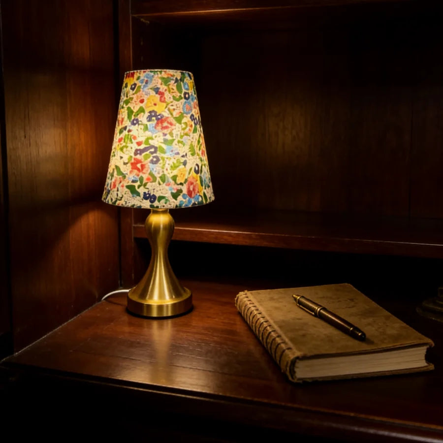 Table Lamp with Golden Base and Floral Fabric Lampshade, USB-Powered with Three-Tone Dimming, Suitable for Multiple Room Types