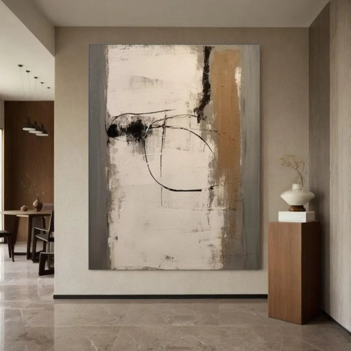 Large Creamy Beige Abstract Geometric Oil Painting Modern Wabi Sabi Wall Art Brown Black Minimalist Wall Art Textured Painting