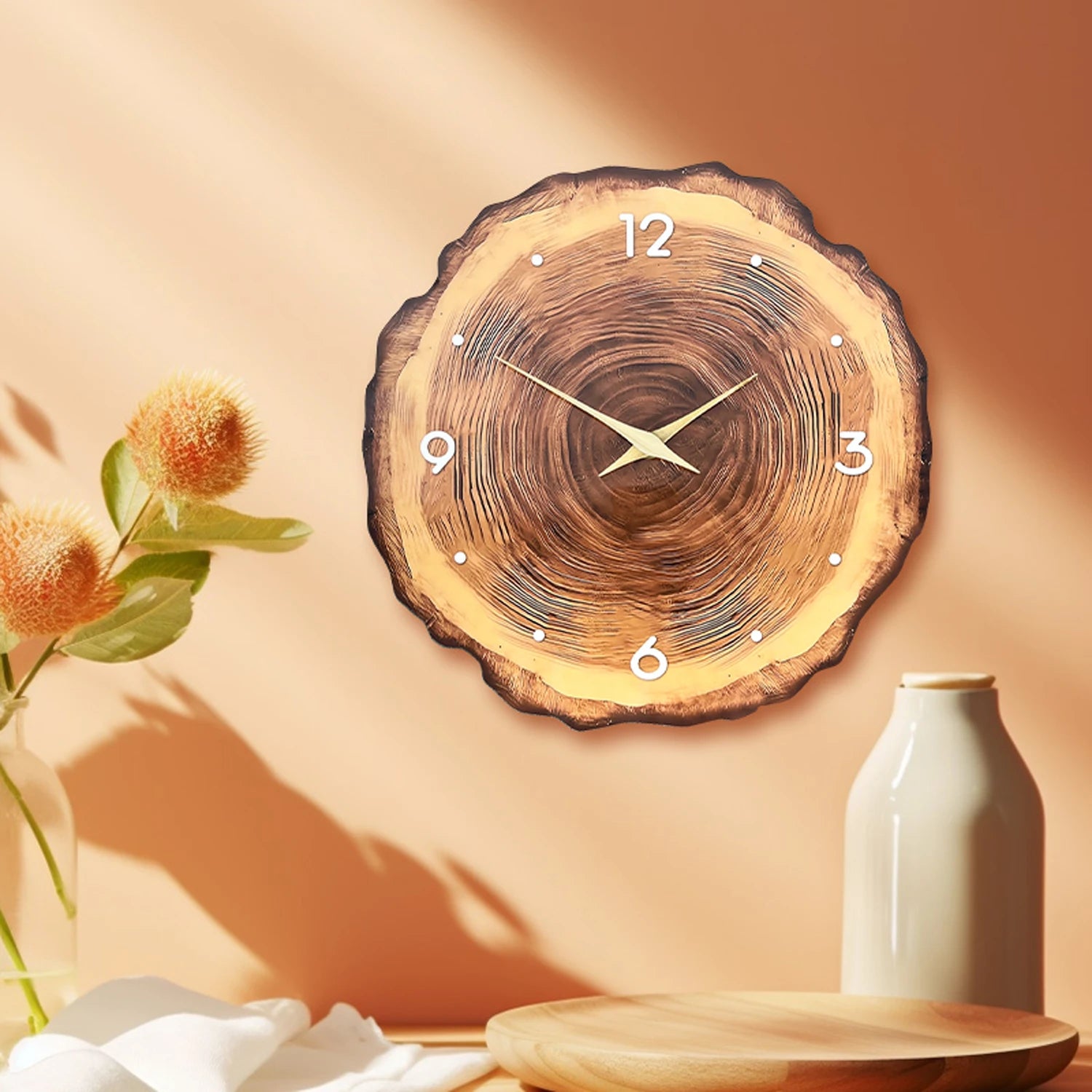 1pc wooden ring veneer wall clock, flat wood cross section texture pattern solid wood pointer design wall clock, silent clock