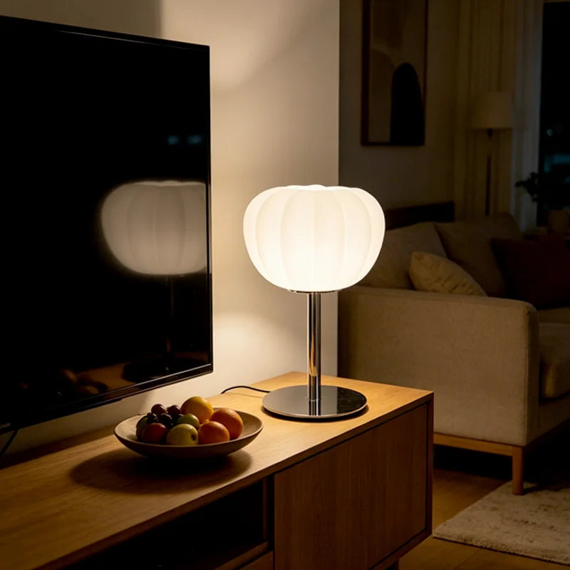 Pumpkin-Shaped Frosted Glass Table Lamp, Chrome Base LED Bedside Lamp for Bedroom, Living Room