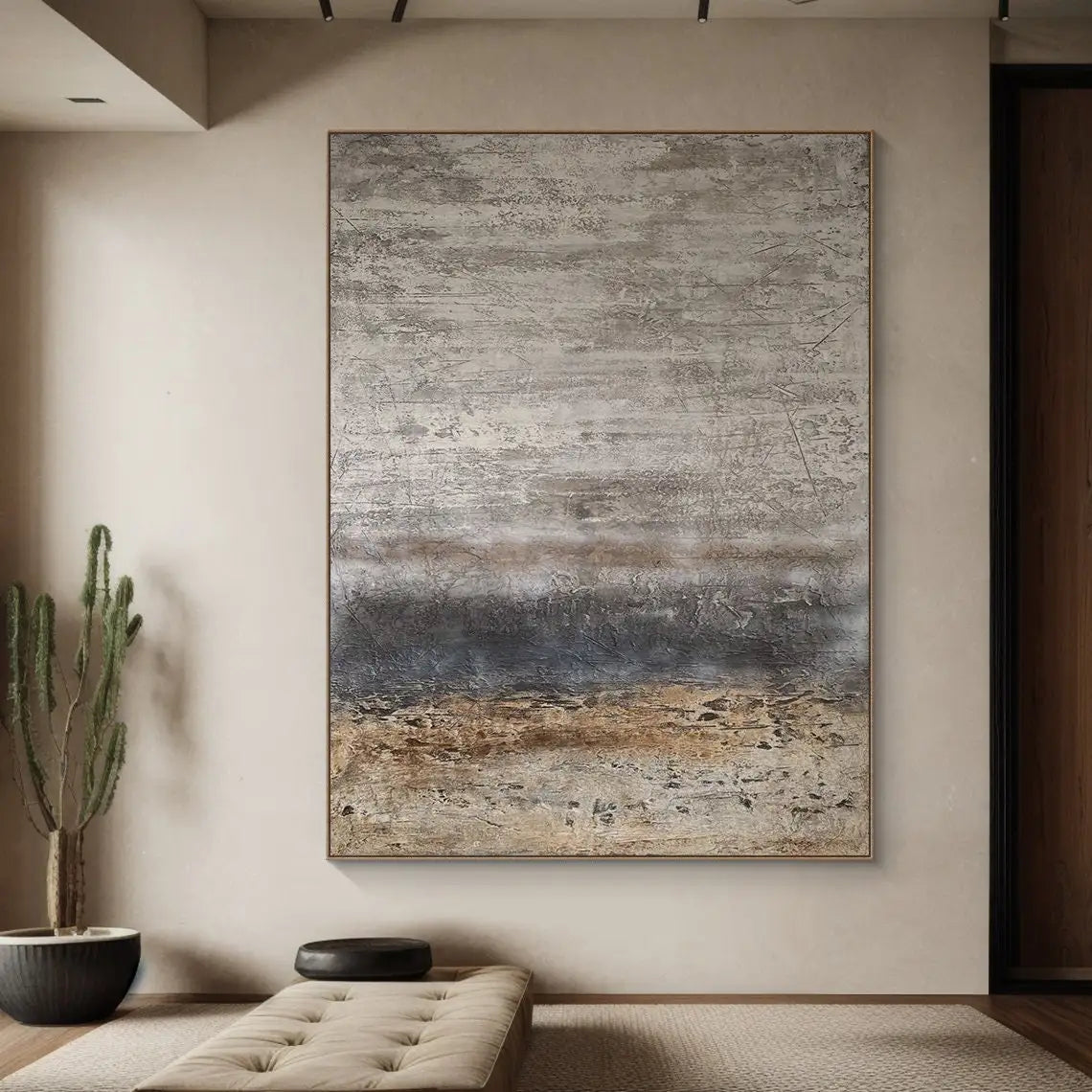 Beige Minimalist Handmade Painting Boho Canvas Wall Art Beige Abstract Painting Black Texture Painting Living Room Wall Decor