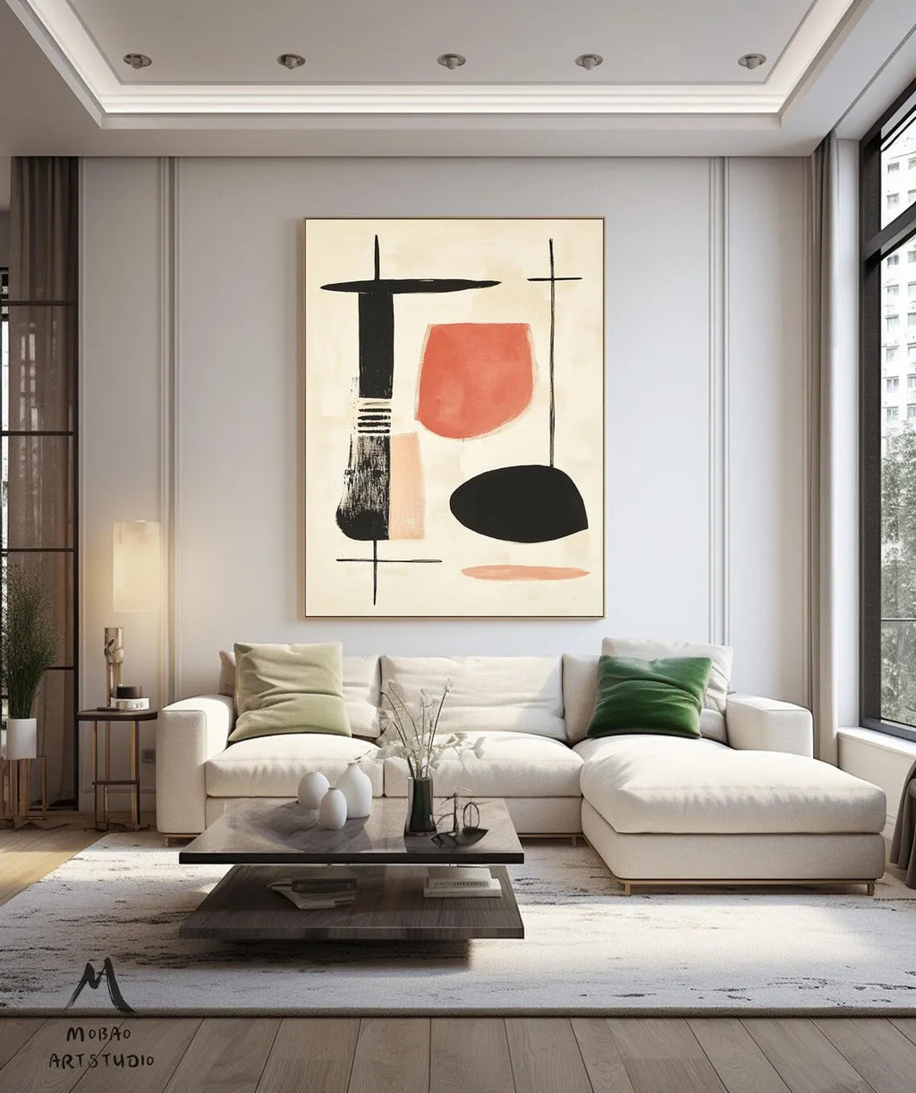 Beige Minimalist Handmade Painting Boho Canvas Wall Art Beige Abstract Painting Black Texture Painting Living Room Wall Decor